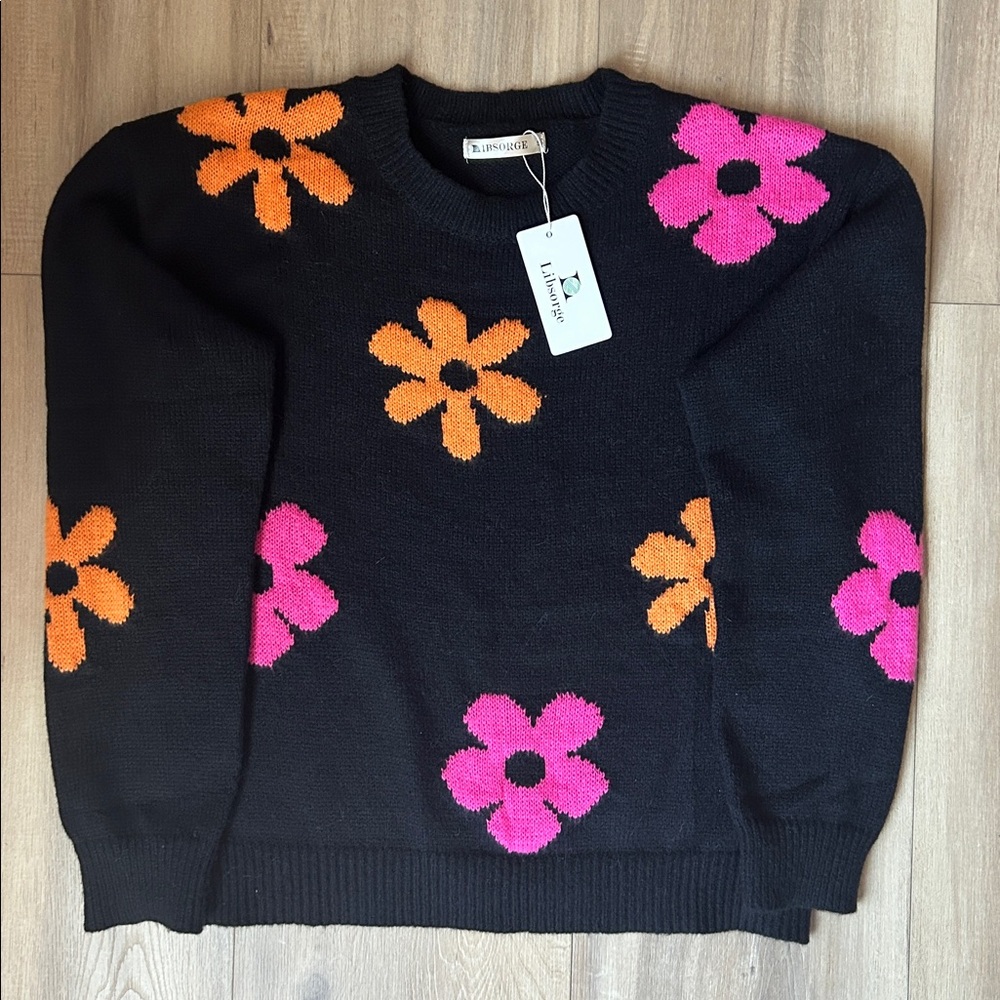 Black Crewneck Sweater with Pink & Orange Floral Motif
